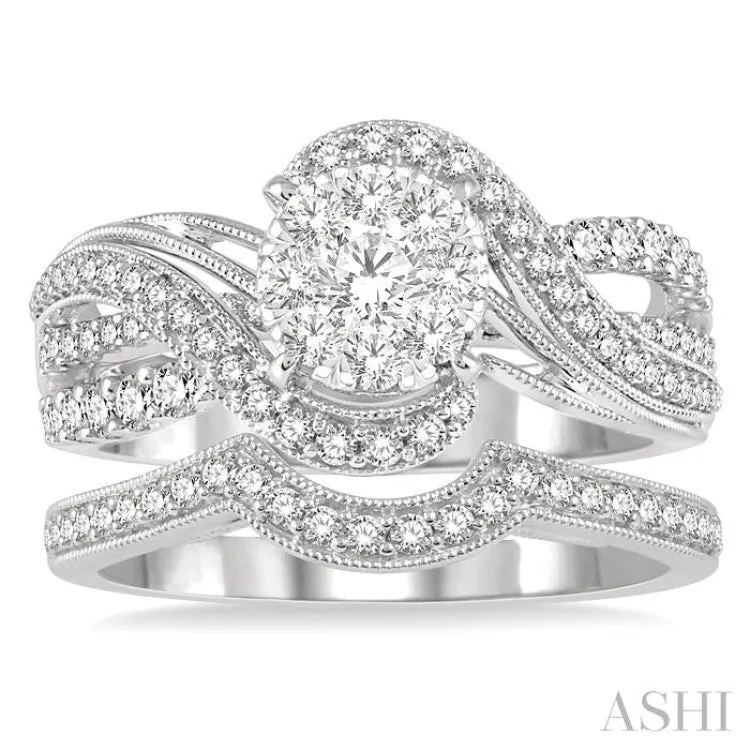 1 ctw Lovebright Round Cut Diamond Wedding Set With 3/4 ctw Circular Mount Engagement Ring and 1/6 ctw Curved Center Wedding Band in 14K White Gold