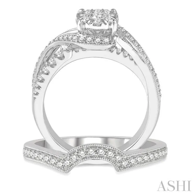 1 ctw Lovebright Round Cut Diamond Wedding Set With 3/4 ctw Circular Mount Engagement Ring and 1/6 ctw Curved Center Wedding Band in 14K White Gold