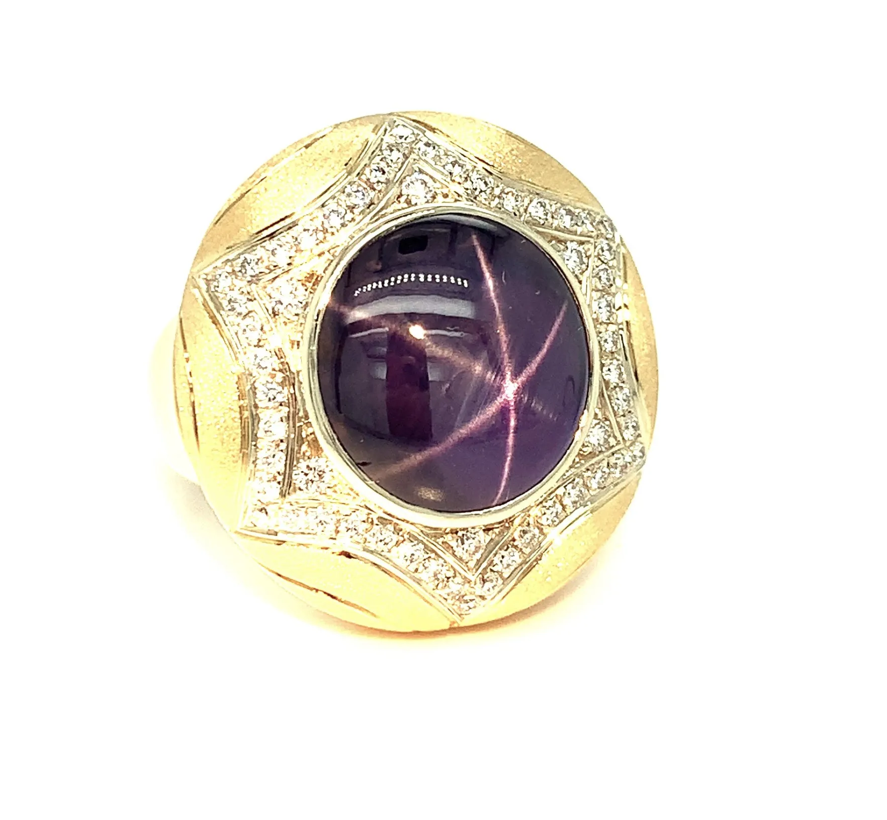 10 Carat Purple Star Sapphire and Diamond Pave in 18k Yellow Gold Handmade Ring