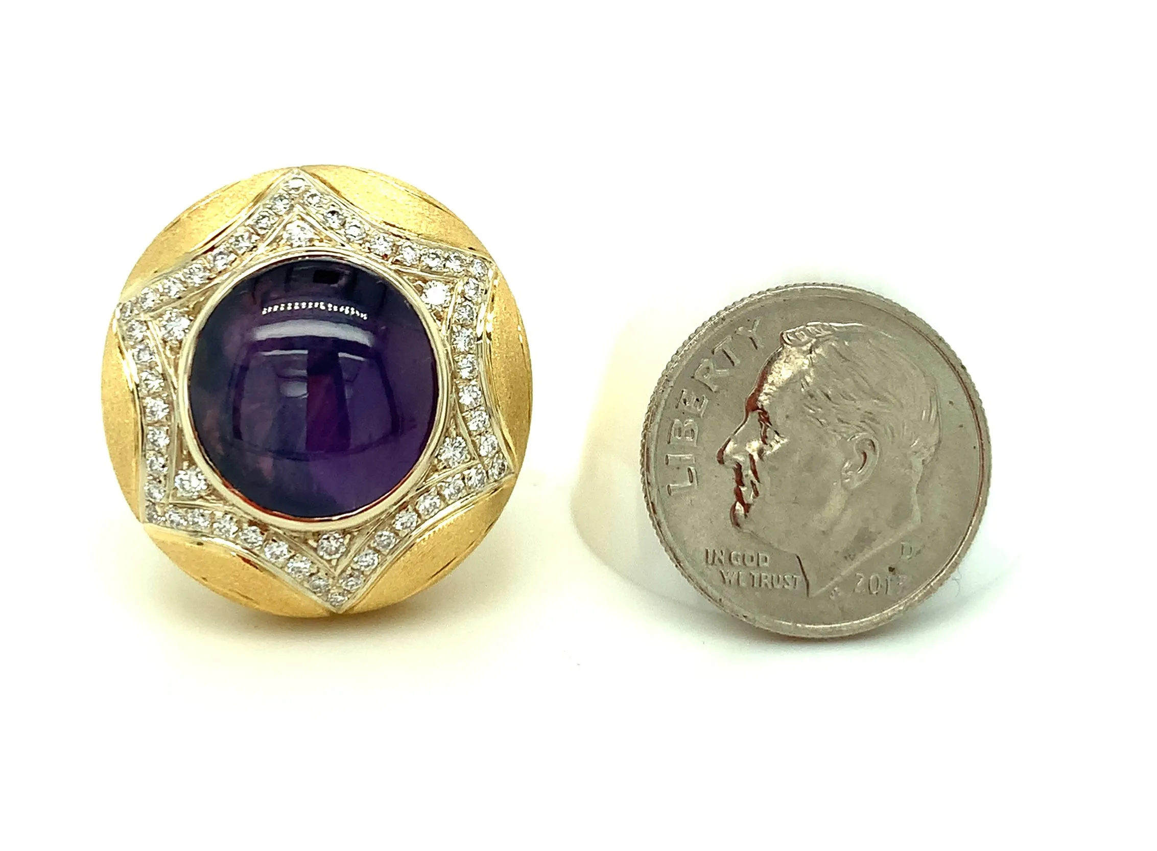 10 Carat Purple Star Sapphire and Diamond Pave in 18k Yellow Gold Handmade Ring