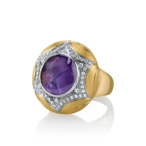 10 Carat Purple Star Sapphire and Diamond Pave in 18k Yellow Gold Handmade Ring