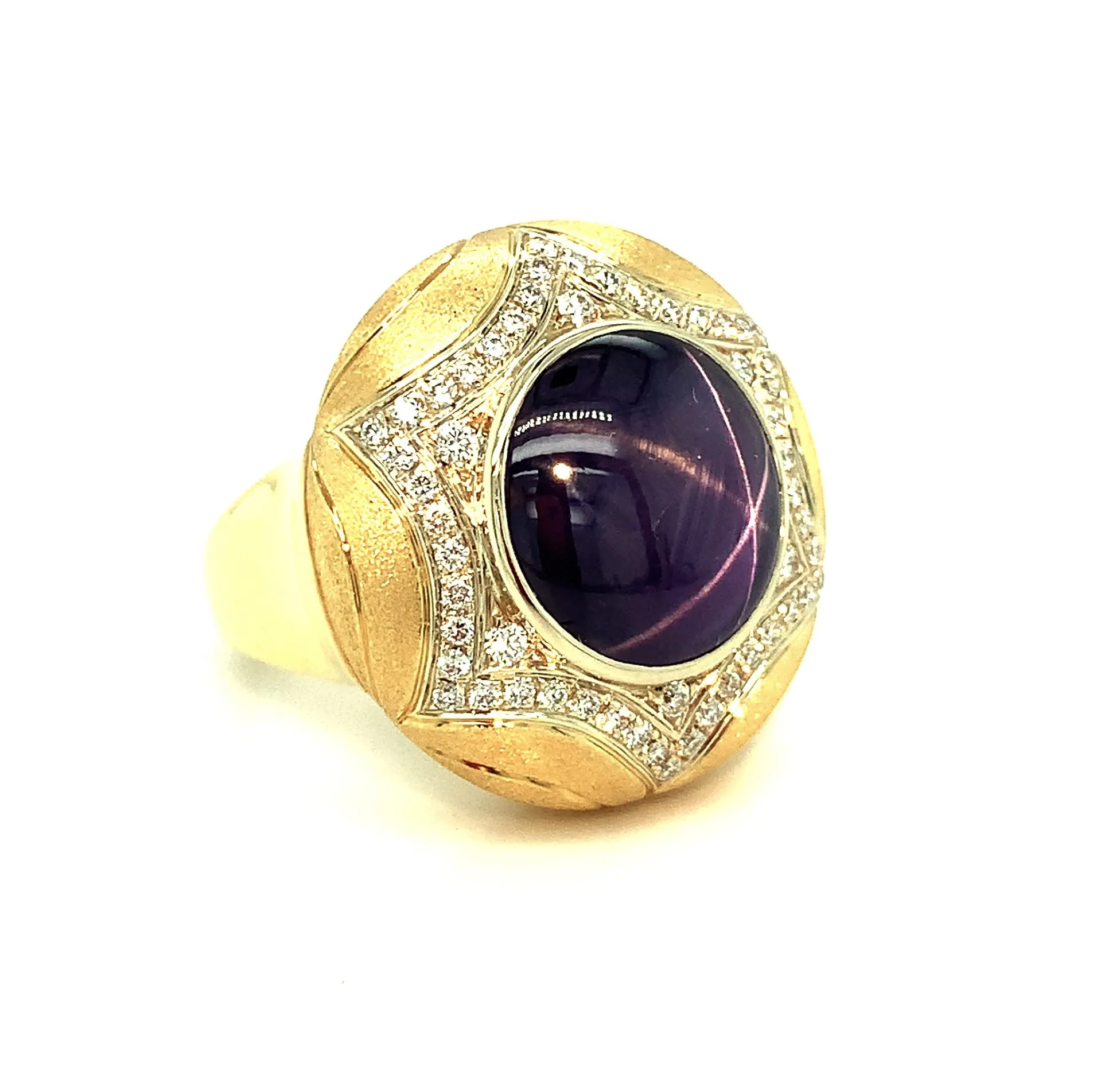 10 Carat Purple Star Sapphire and Diamond Pave in 18k Yellow Gold Handmade Ring