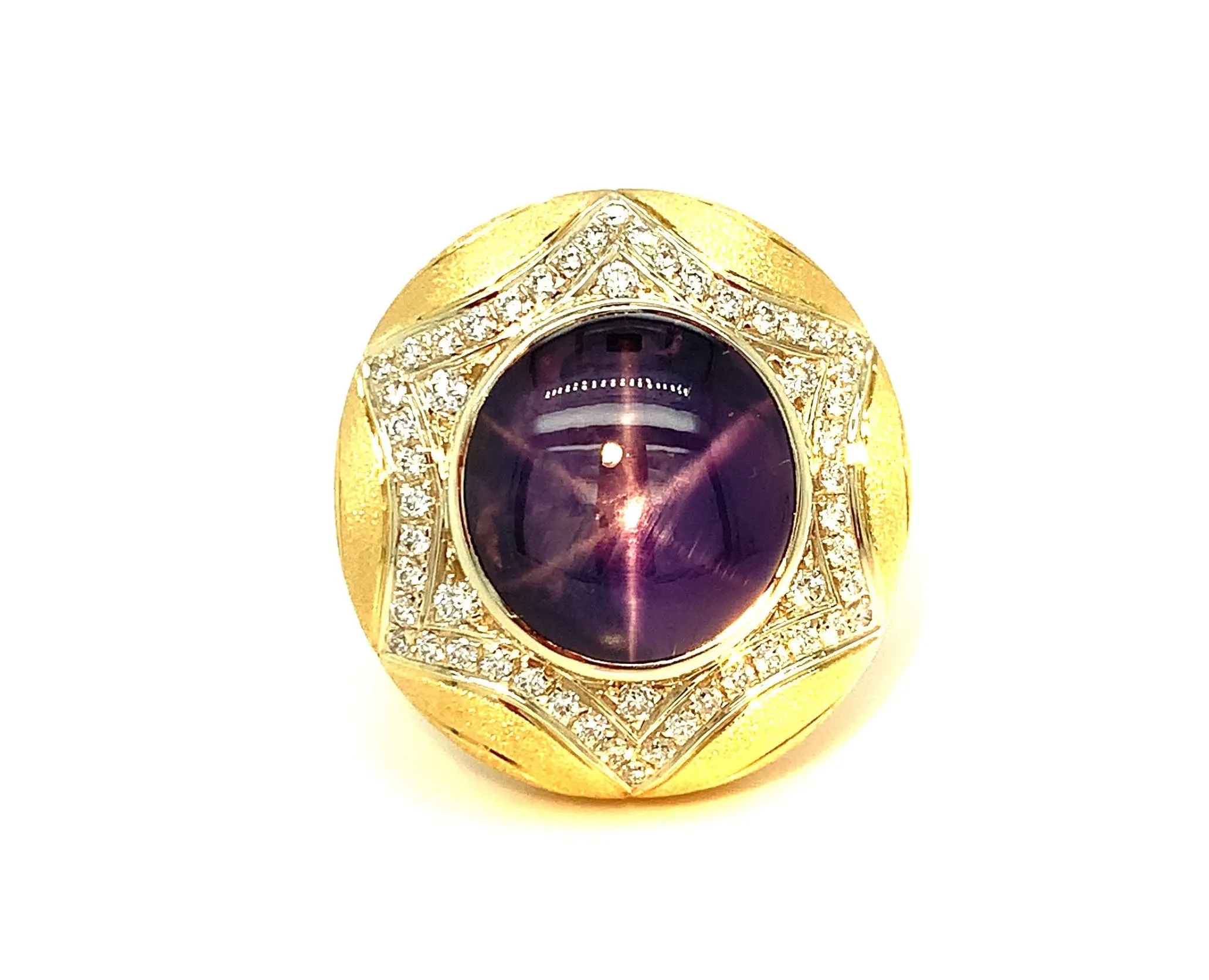 10 Carat Purple Star Sapphire and Diamond Pave in 18k Yellow Gold Handmade Ring
