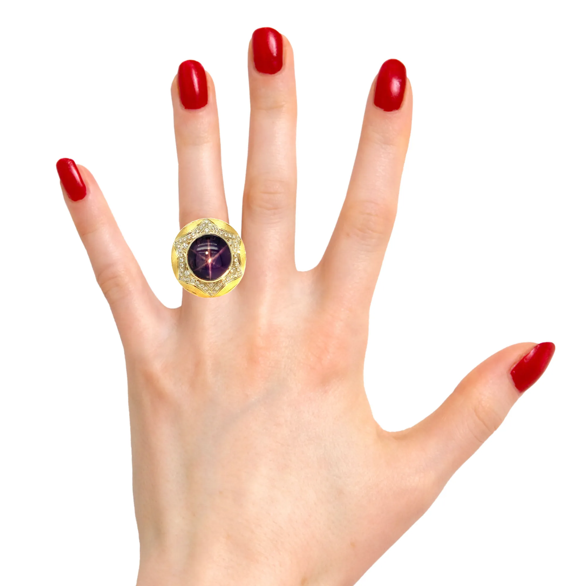 10 Carat Purple Star Sapphire and Diamond Pave in 18k Yellow Gold Handmade Ring