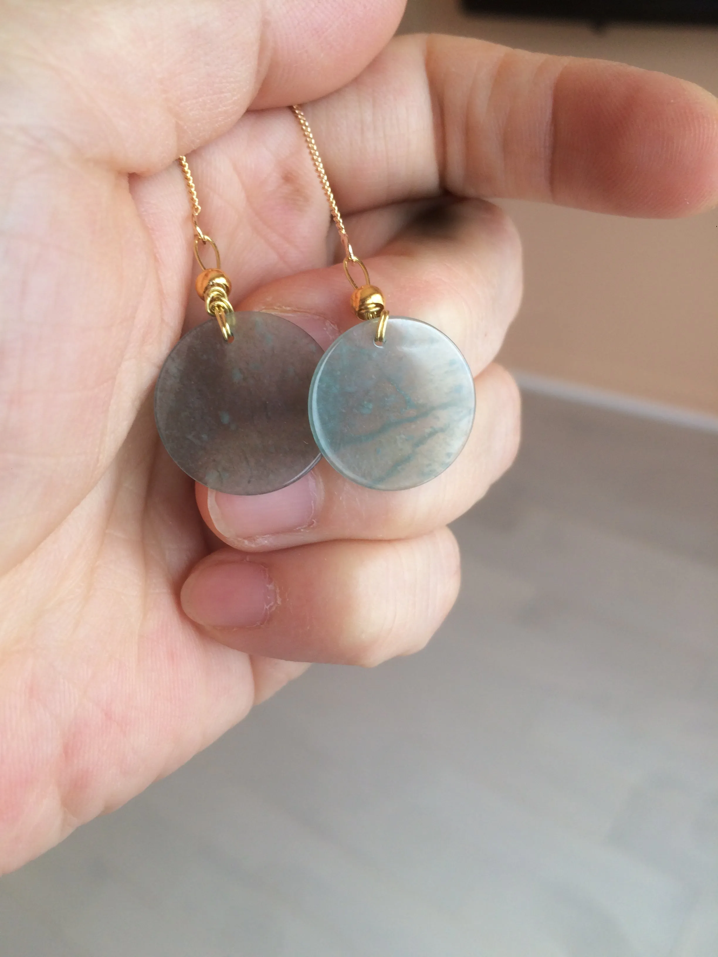 100% Natural icy watery blue/green/gray plate (蝉翼) dangling Guatemala jadeite Jade earring S46