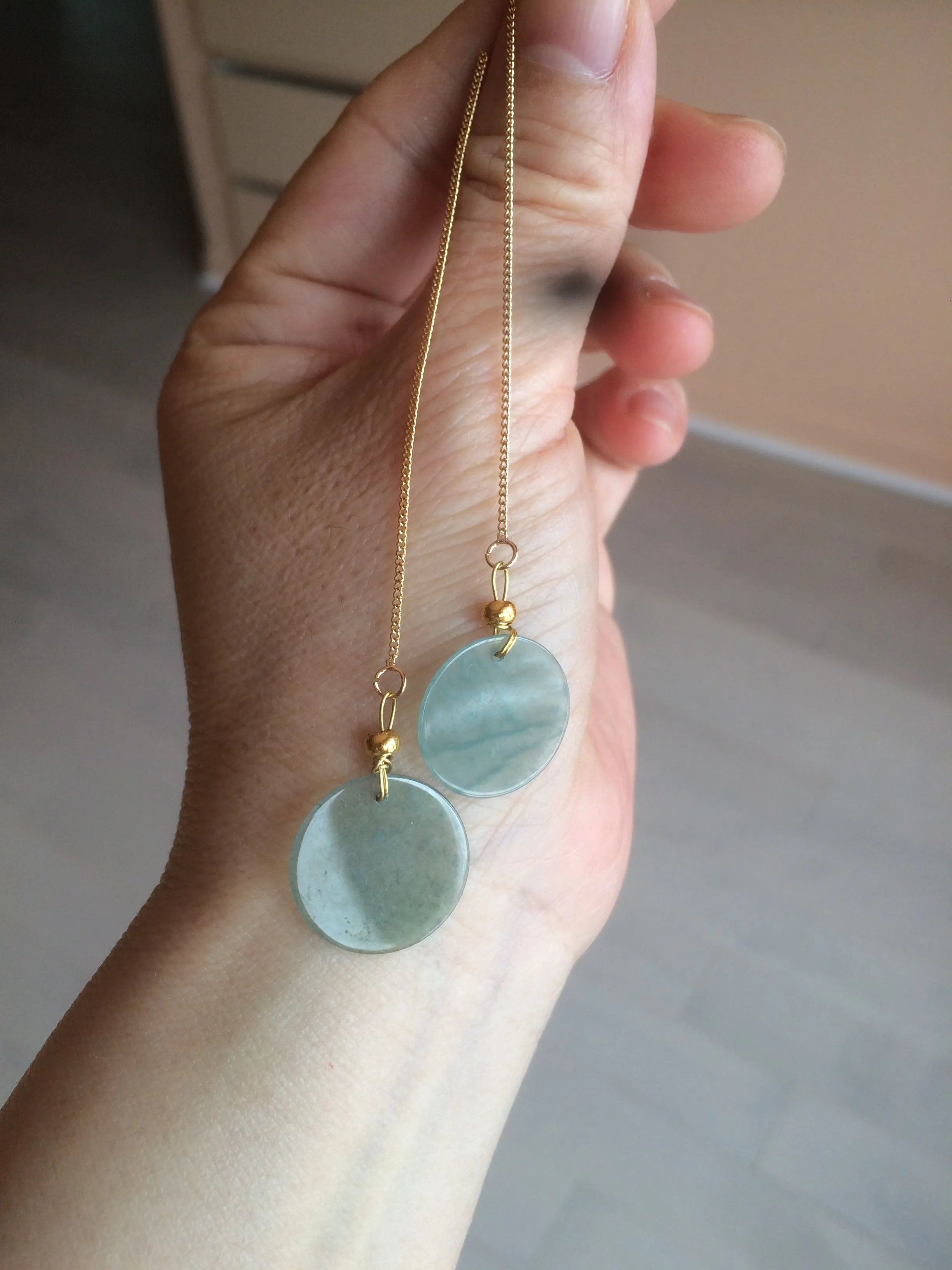 100% Natural icy watery blue/green/gray plate (蝉翼) dangling Guatemala jadeite Jade earring S46