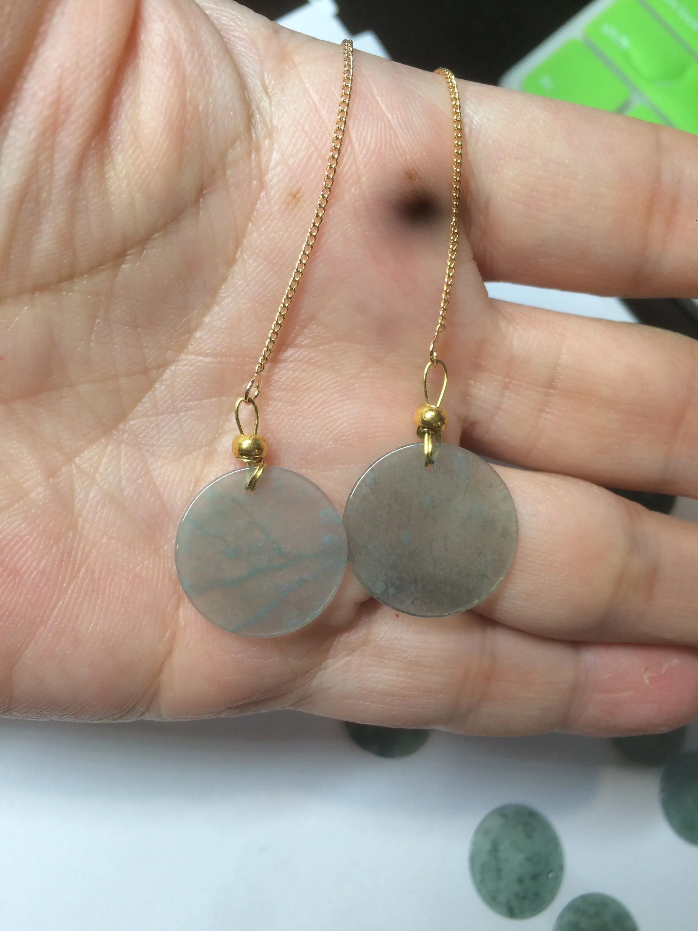100% Natural icy watery blue/green/gray plate (蝉翼) dangling Guatemala jadeite Jade earring S46