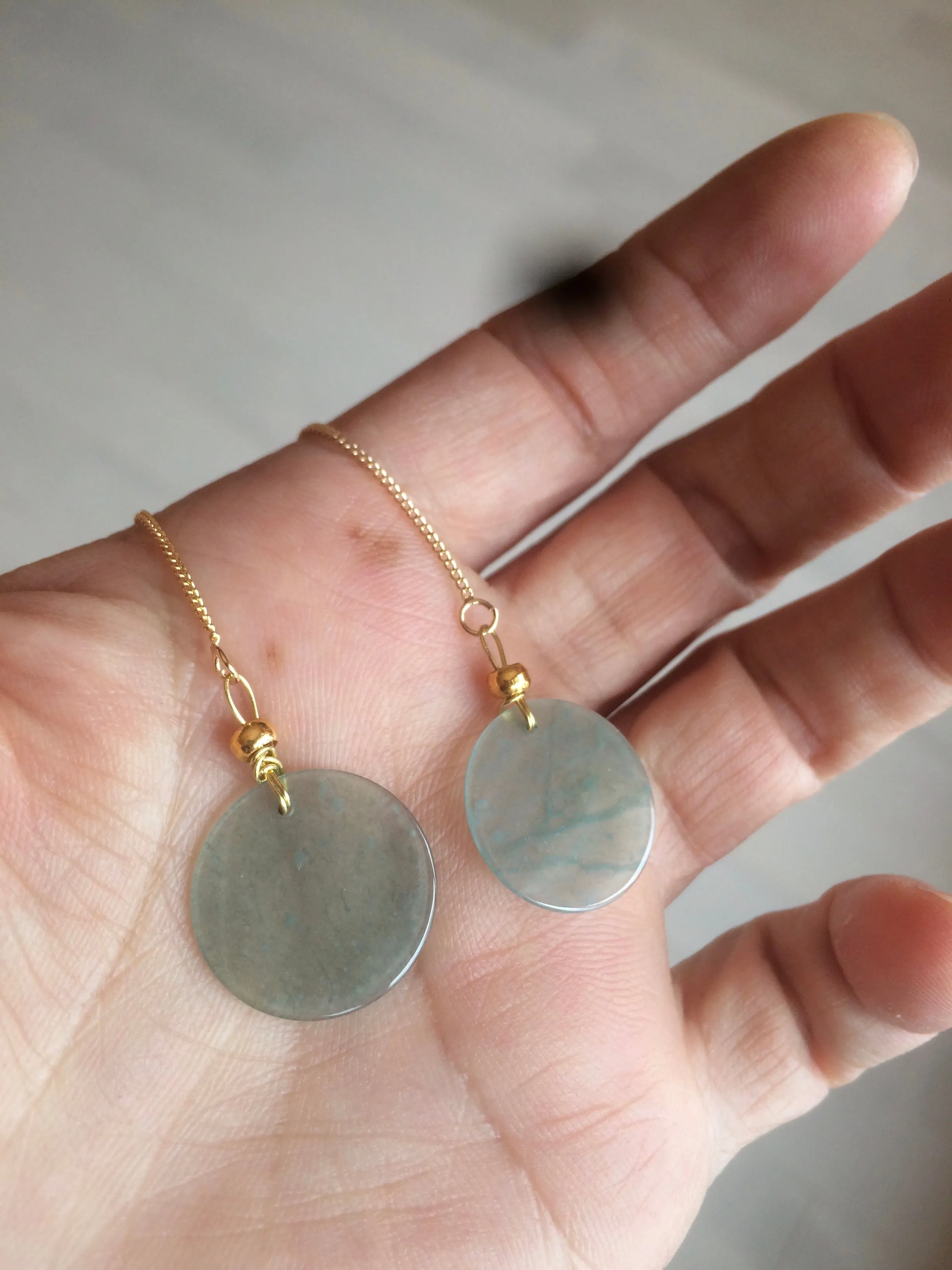100% Natural icy watery blue/green/gray plate (蝉翼) dangling Guatemala jadeite Jade earring S46