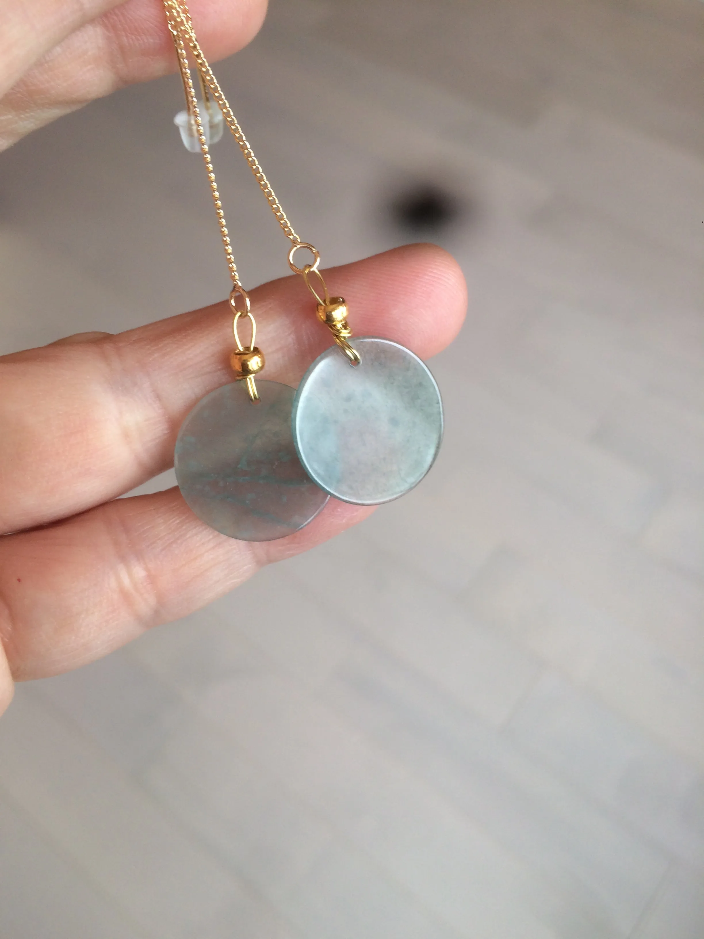 100% Natural icy watery blue/green/gray plate (蝉翼) dangling Guatemala jadeite Jade earring S46