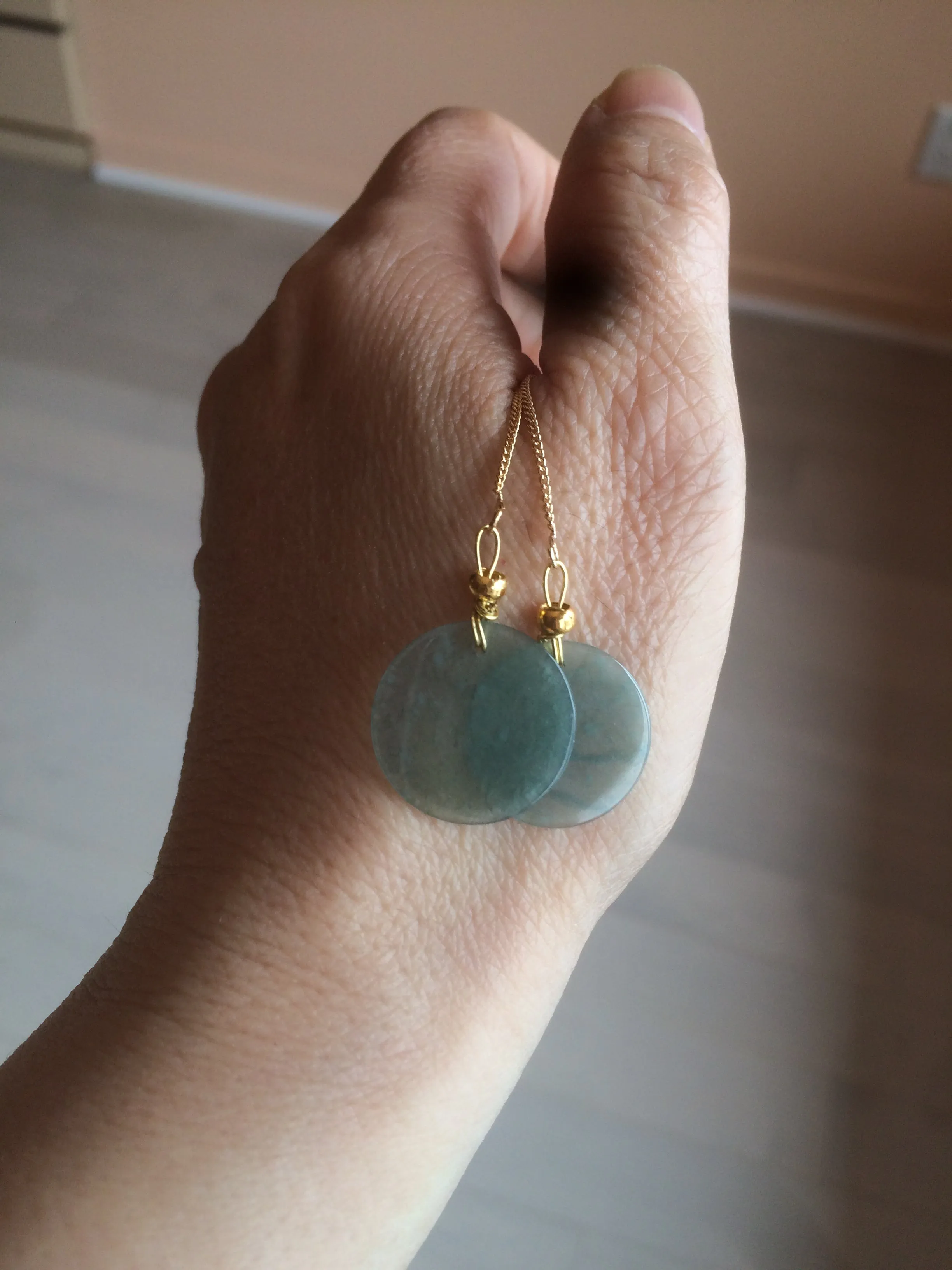 100% Natural icy watery blue/green/gray plate (蝉翼) dangling Guatemala jadeite Jade earring S46