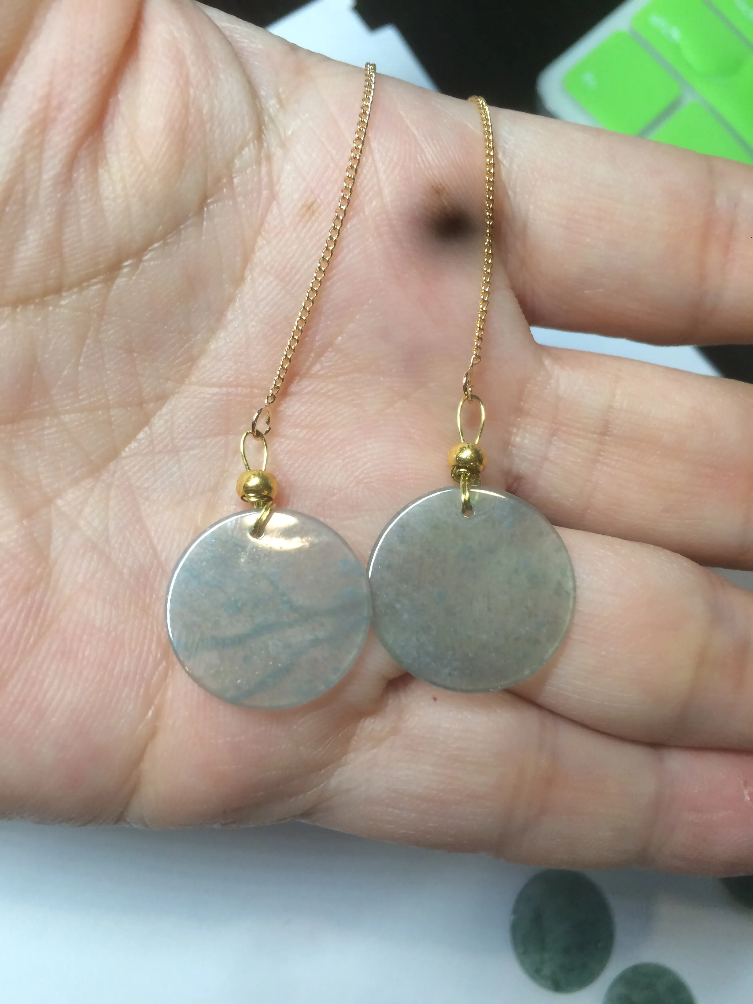 100% Natural icy watery blue/green/gray plate (蝉翼) dangling Guatemala jadeite Jade earring S46