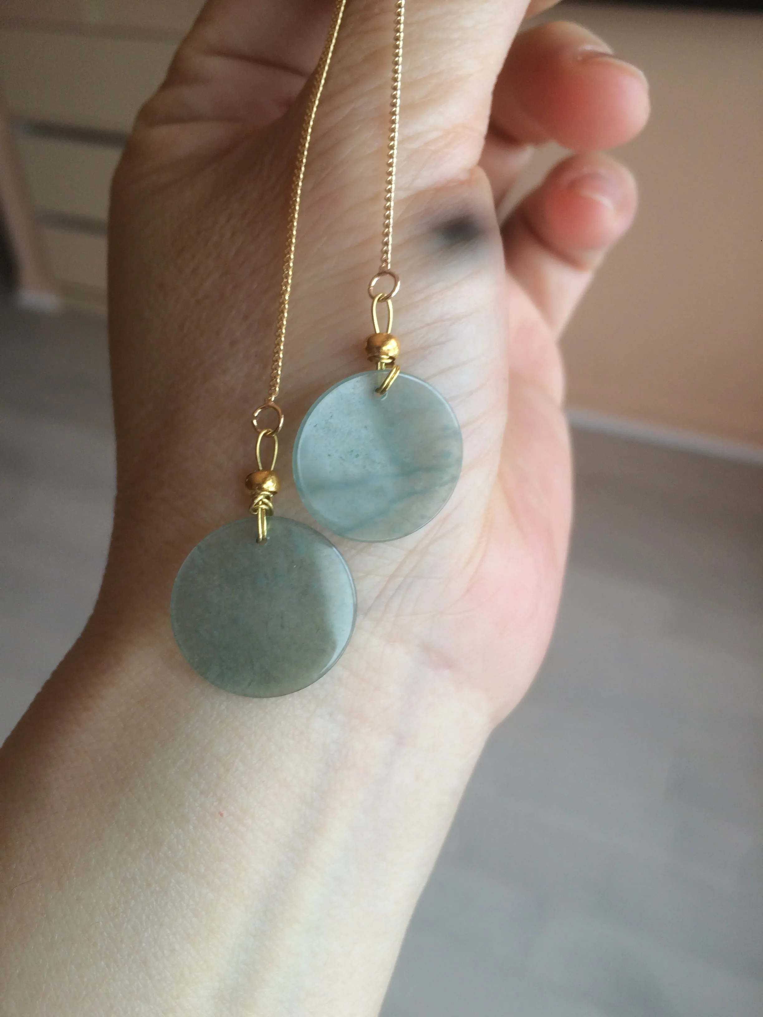 100% Natural icy watery blue/green/gray plate (蝉翼) dangling Guatemala jadeite Jade earring S46