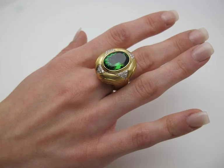 10.31 Carat Green Tourmaline and Diamond Yellow Gold Engraved Dome Ring