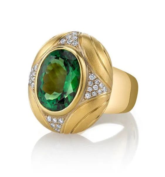 10.31 Carat Green Tourmaline and Diamond Yellow Gold Engraved Dome Ring