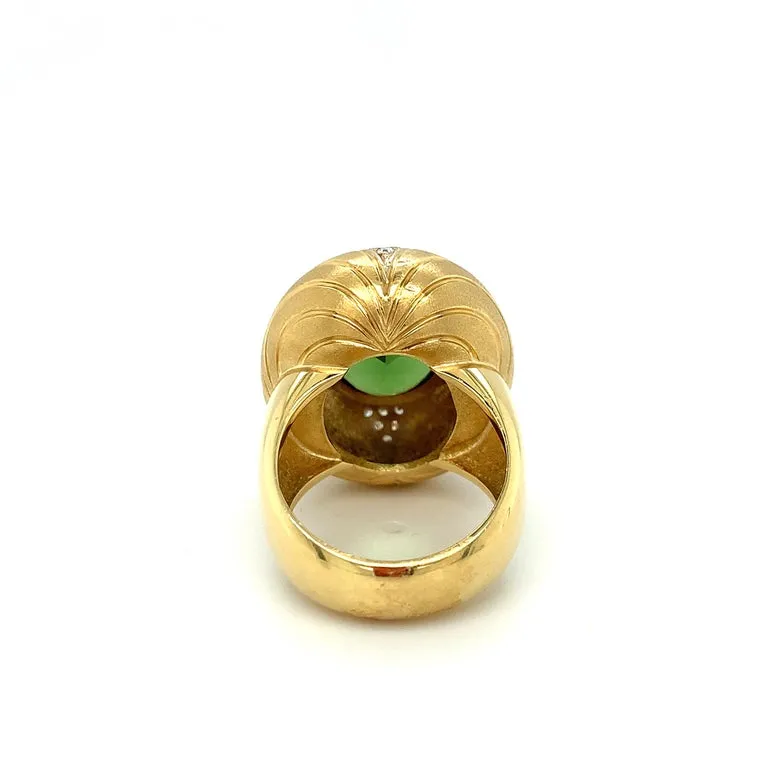 10.31 Carat Green Tourmaline and Diamond Yellow Gold Engraved Dome Ring