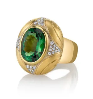 10.31 Carat Green Tourmaline and Diamond Yellow Gold Engraved Dome Ring