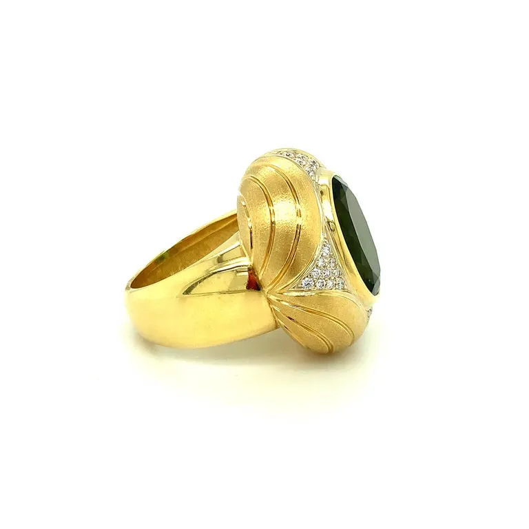 10.31 Carat Green Tourmaline and Diamond Yellow Gold Engraved Dome Ring