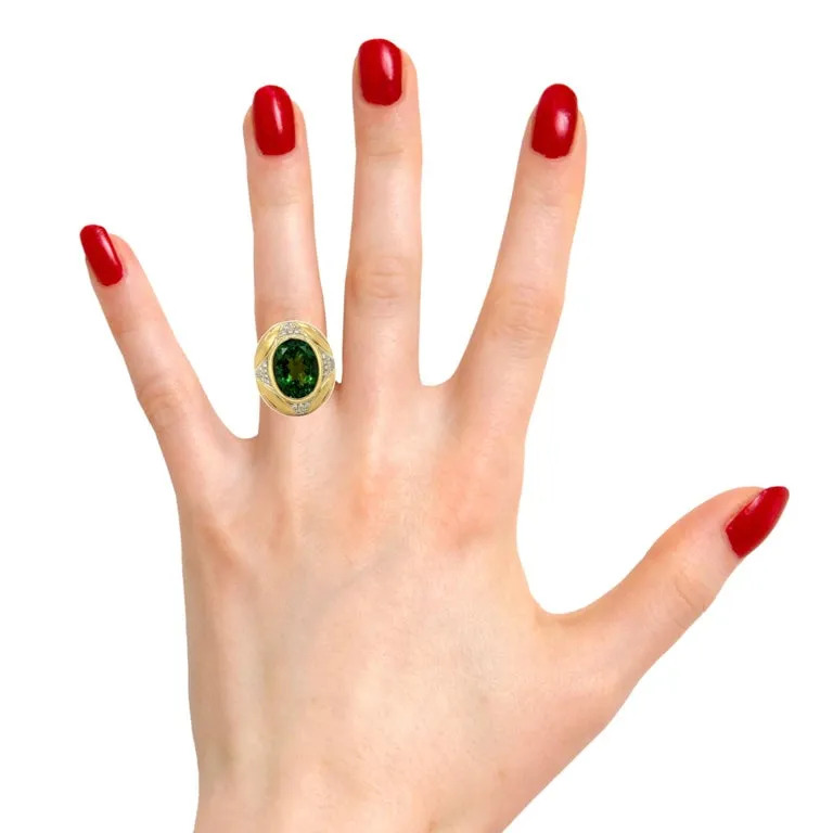10.31 Carat Green Tourmaline and Diamond Yellow Gold Engraved Dome Ring