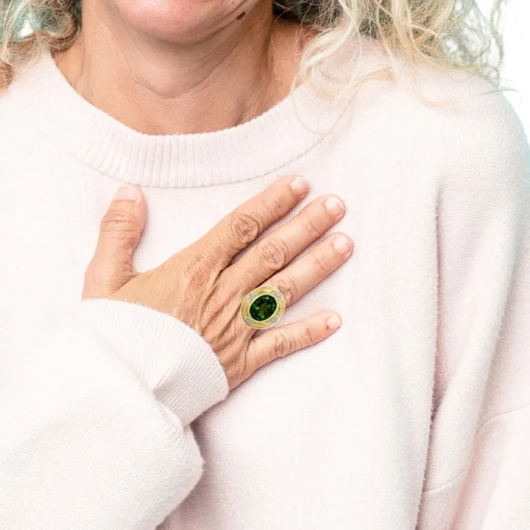 10.31 Carat Green Tourmaline and Diamond Yellow Gold Engraved Dome Ring