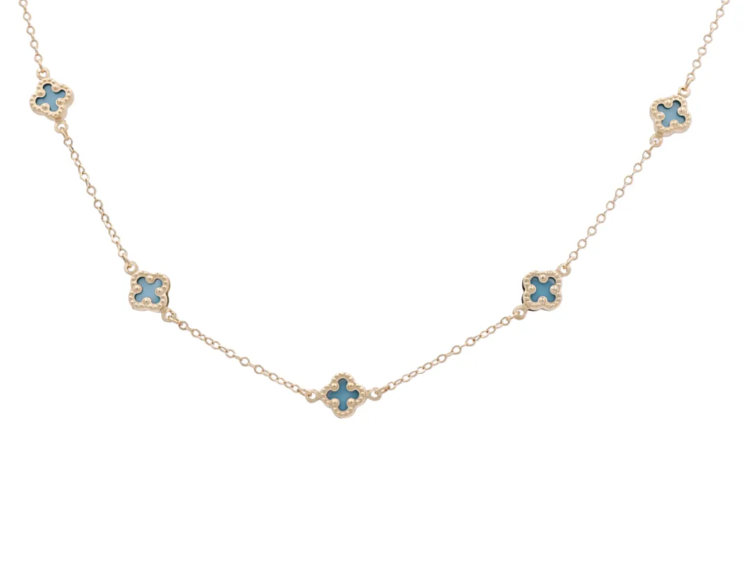 10K Yellow Gold Blue Stone Flowers Necklace
