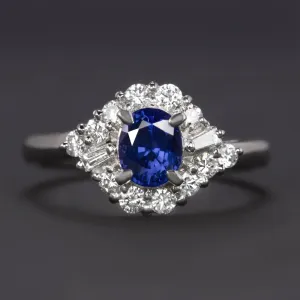 1.20ct SAPPHIRE DIAMOND COCKTAIL RING PLATINUM HALO CLUSTER NATURAL OVAL SHAPE