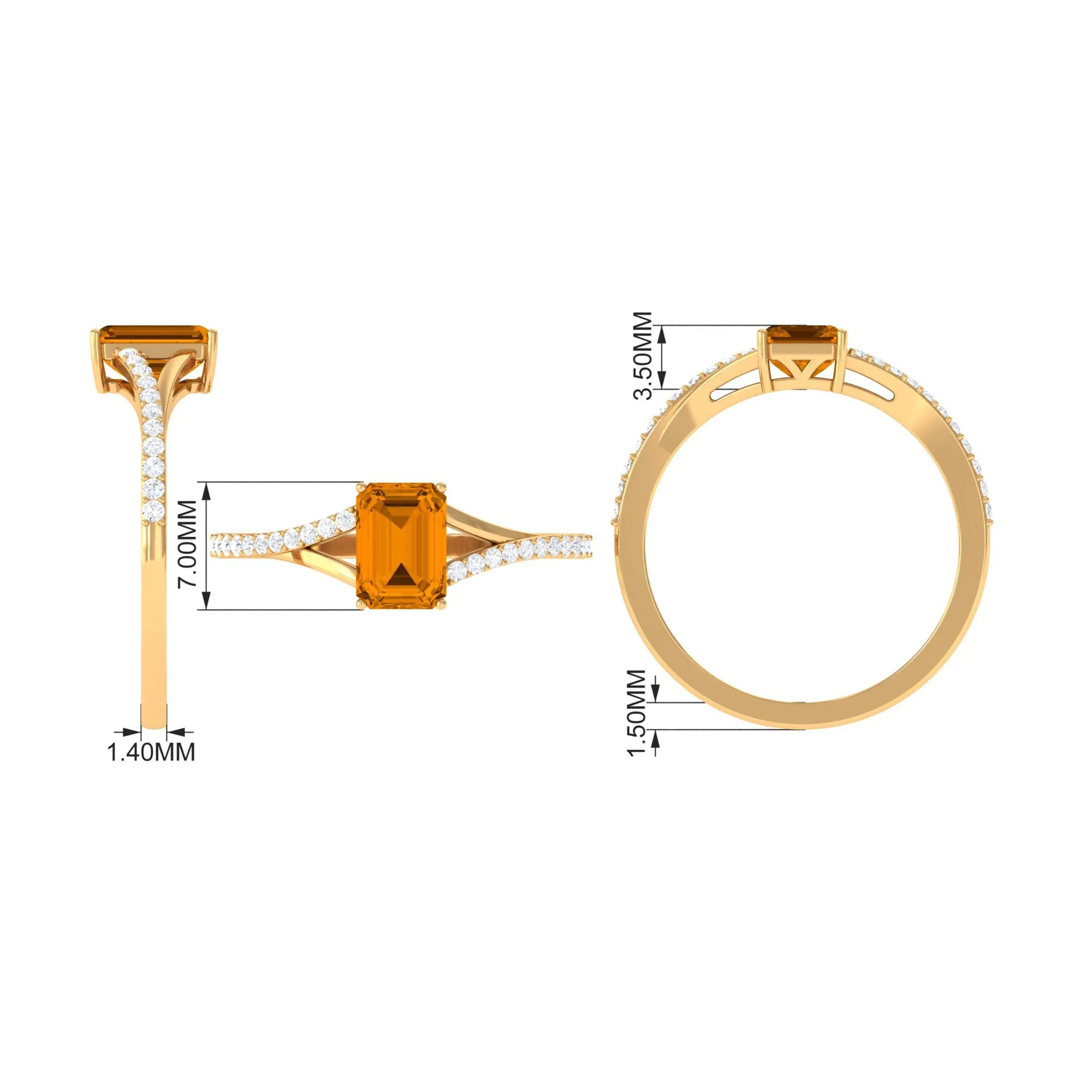 1.25 CT Emerald Cut Citrine Solitaire Ring with Diamond Accent
