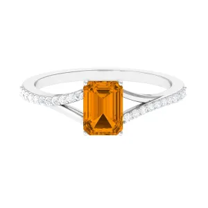 1.25 CT Emerald Cut Citrine Solitaire Ring with Diamond Accent