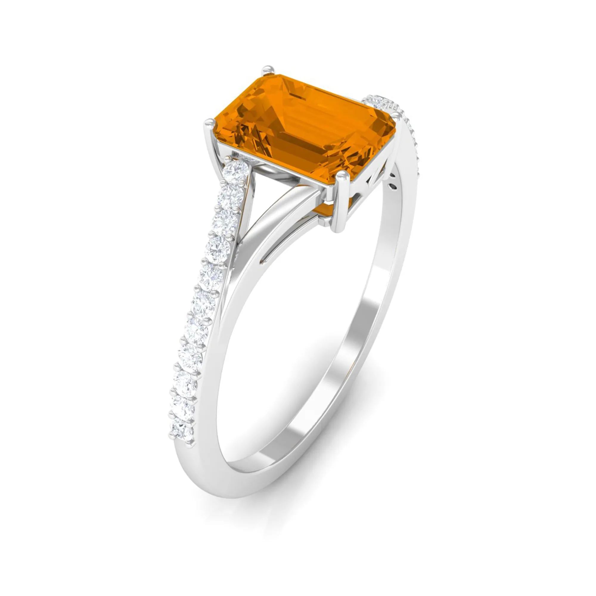 1.25 CT Emerald Cut Citrine Solitaire Ring with Diamond Accent