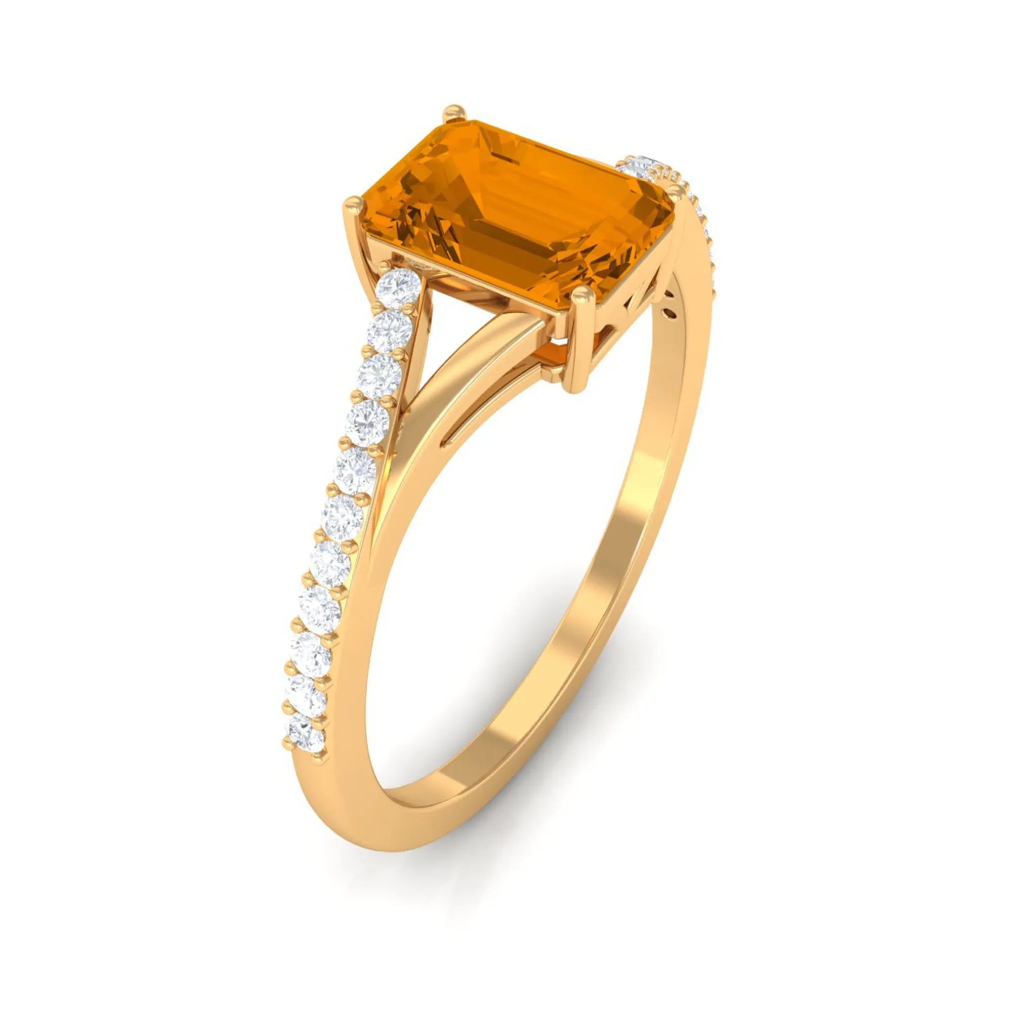 1.25 CT Emerald Cut Citrine Solitaire Ring with Diamond Accent