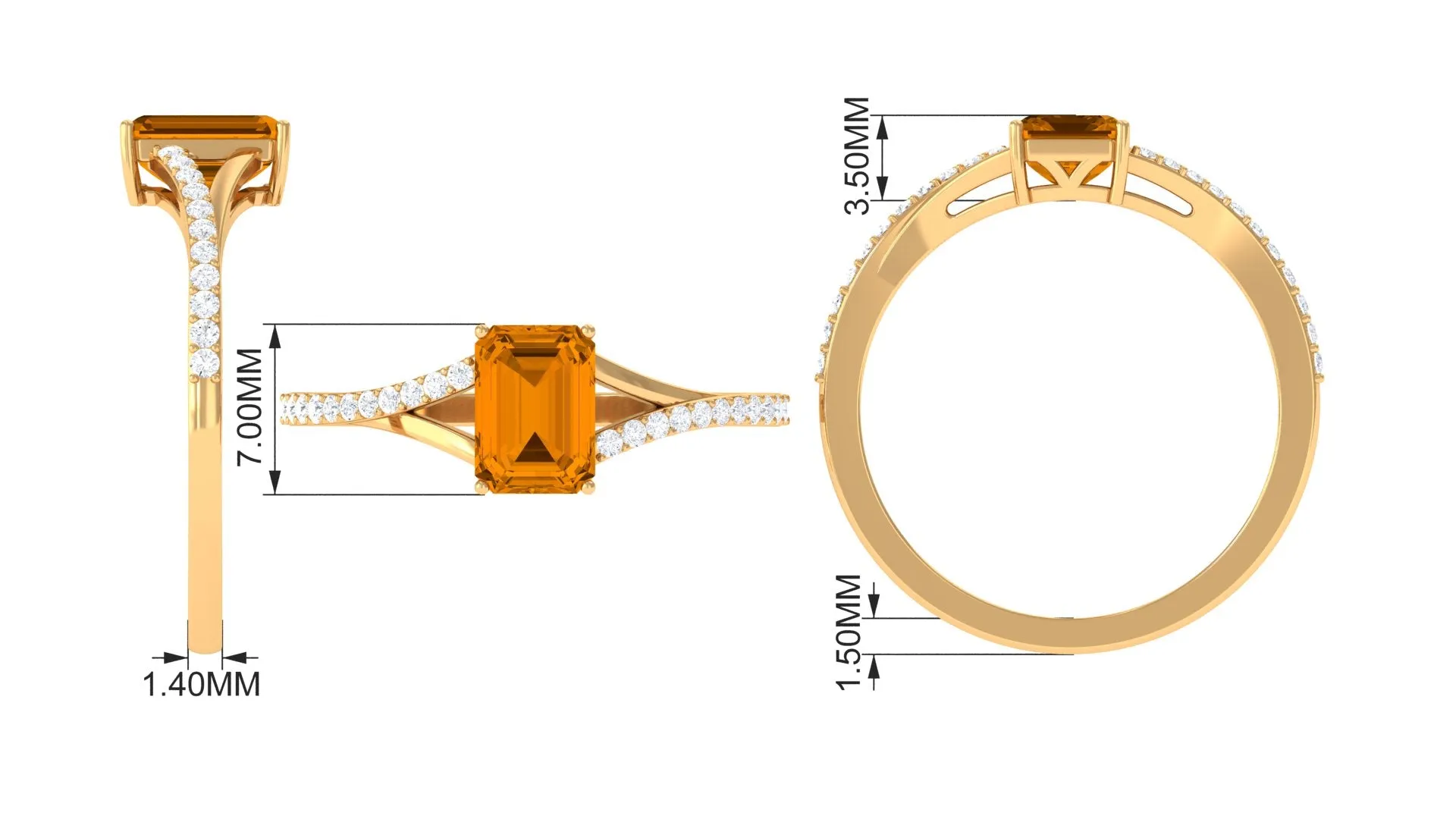 1.25 CT Emerald Cut Citrine Solitaire Ring with Diamond Accent