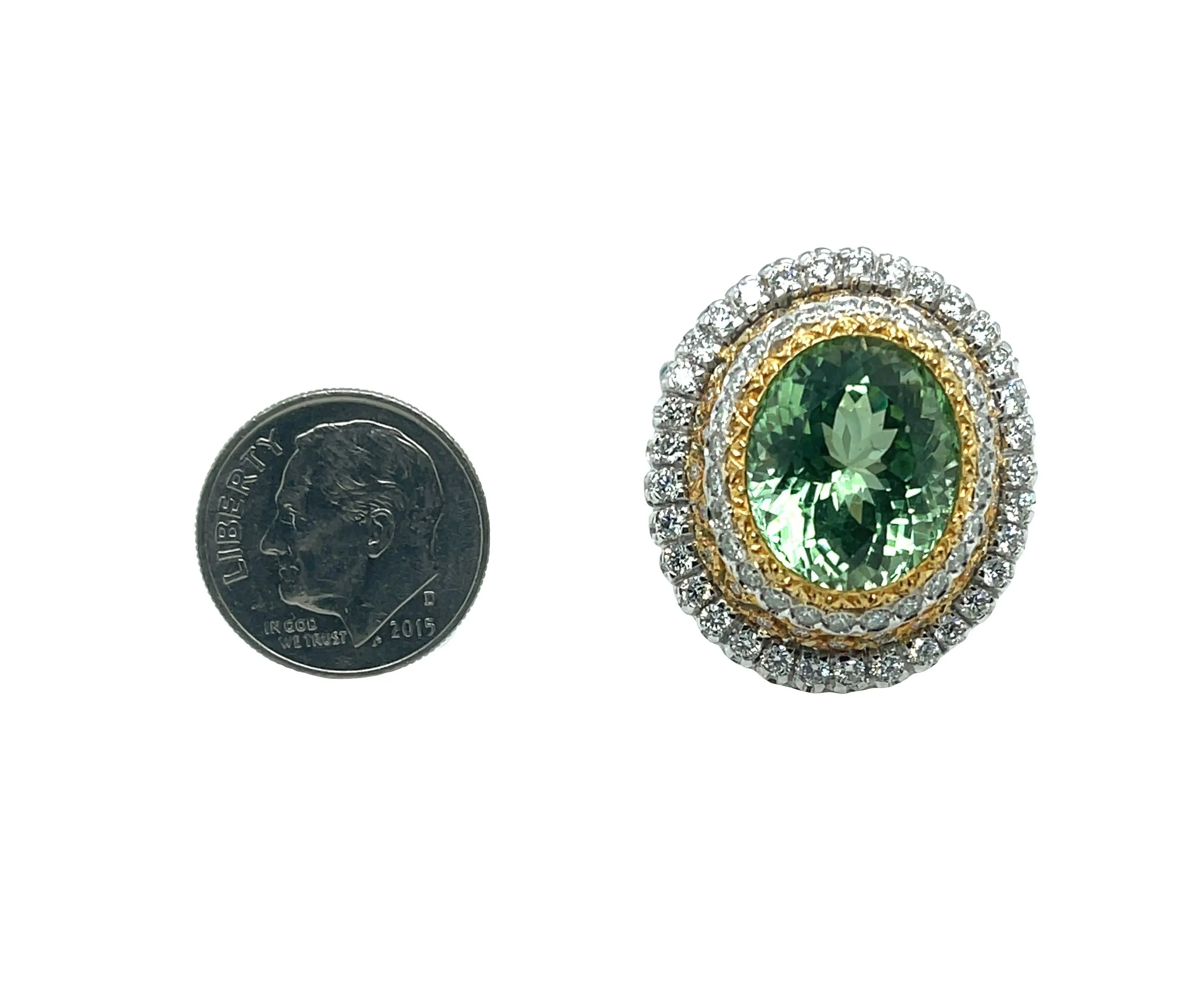 13.52 Ct. Green Tourmaline, Diamond, Handmade White, Yellow Gold Cocktail Ring