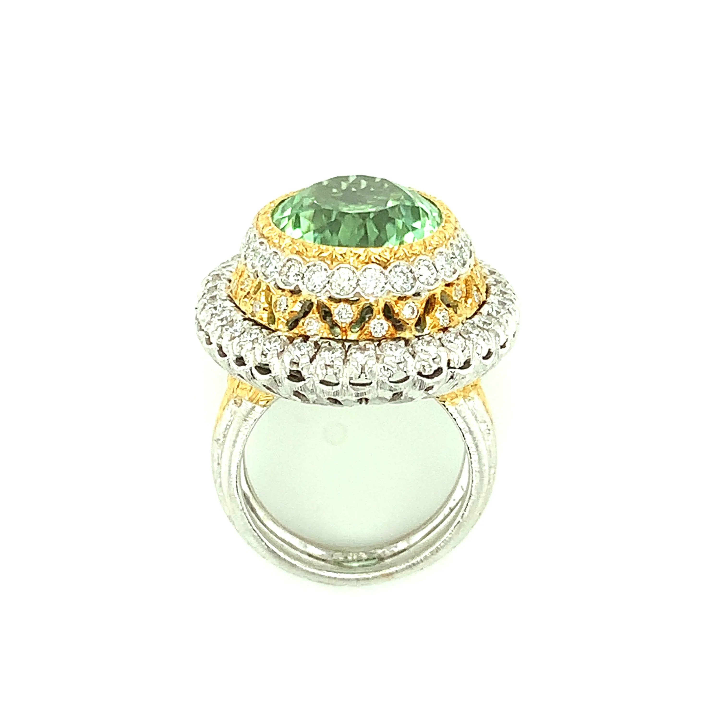 13.52 Ct. Green Tourmaline, Diamond, Handmade White, Yellow Gold Cocktail Ring