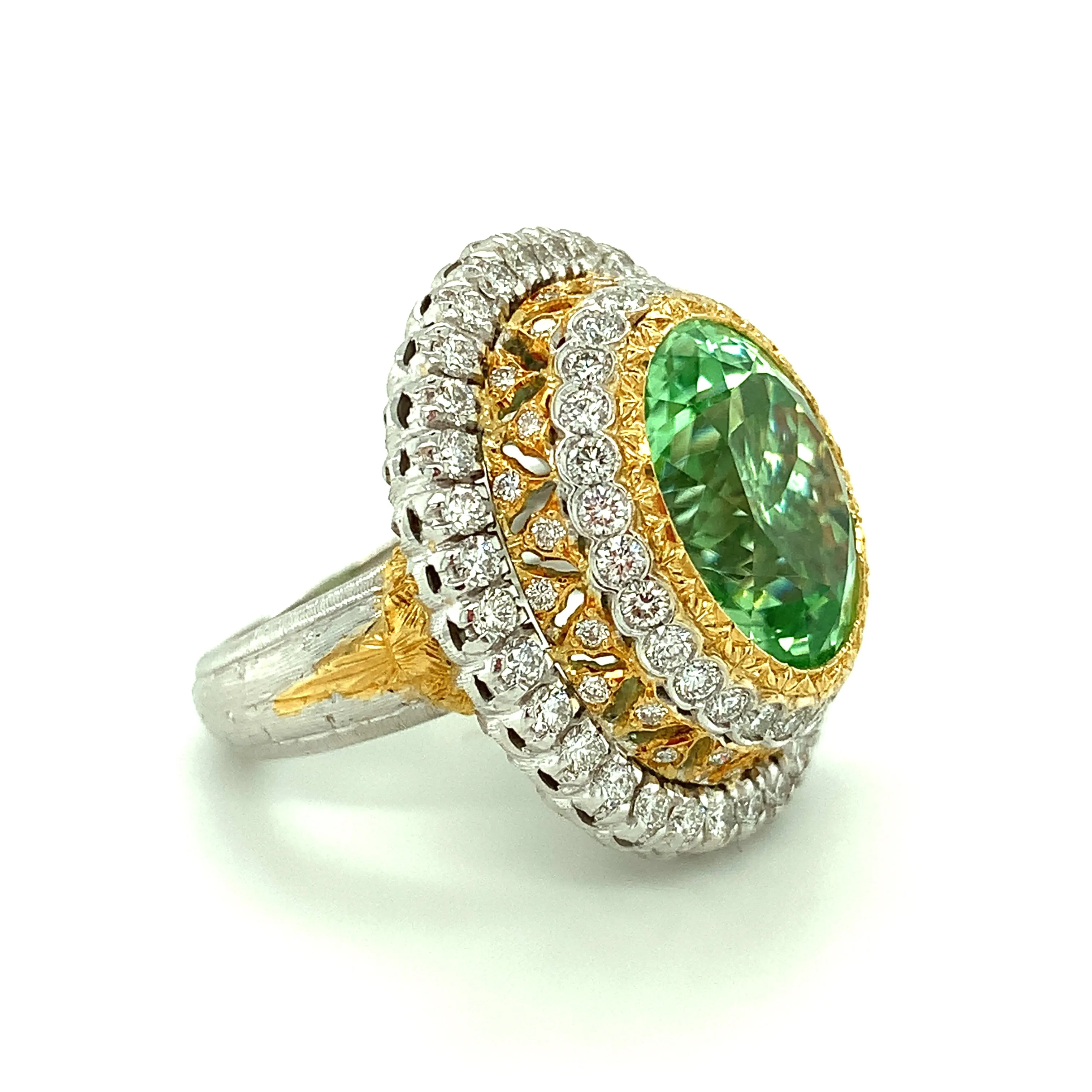 13.52 Ct. Green Tourmaline, Diamond, Handmade White, Yellow Gold Cocktail Ring