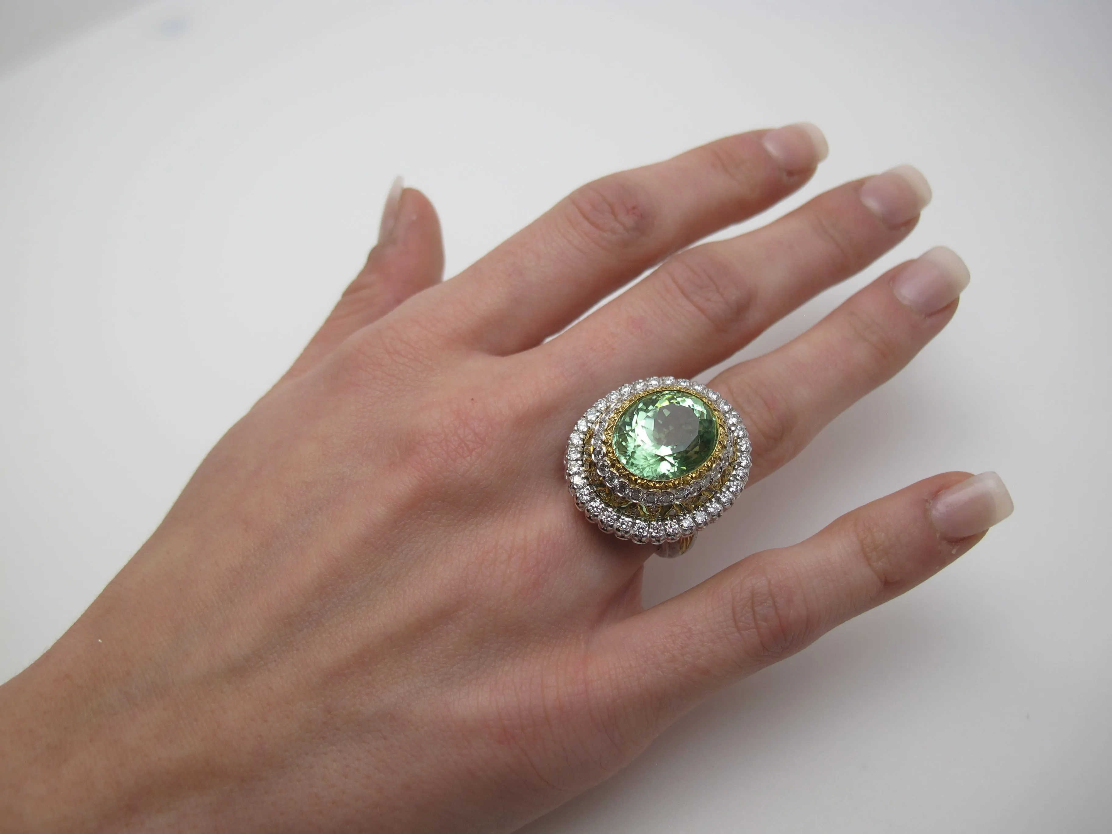 13.52 Ct. Green Tourmaline, Diamond, Handmade White, Yellow Gold Cocktail Ring