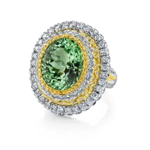 13.52 Ct. Green Tourmaline, Diamond, Handmade White, Yellow Gold Cocktail Ring