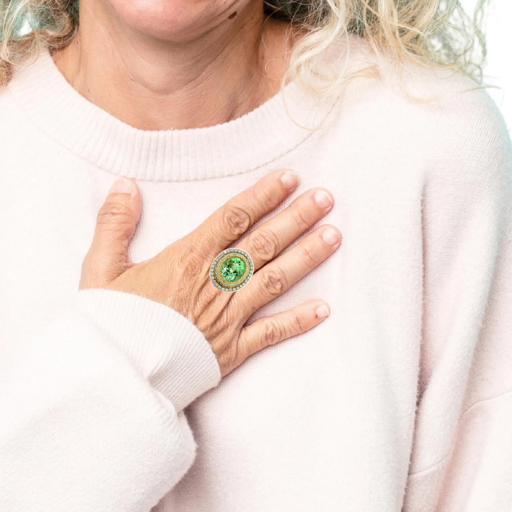13.52 Ct. Green Tourmaline, Diamond, Handmade White, Yellow Gold Cocktail Ring