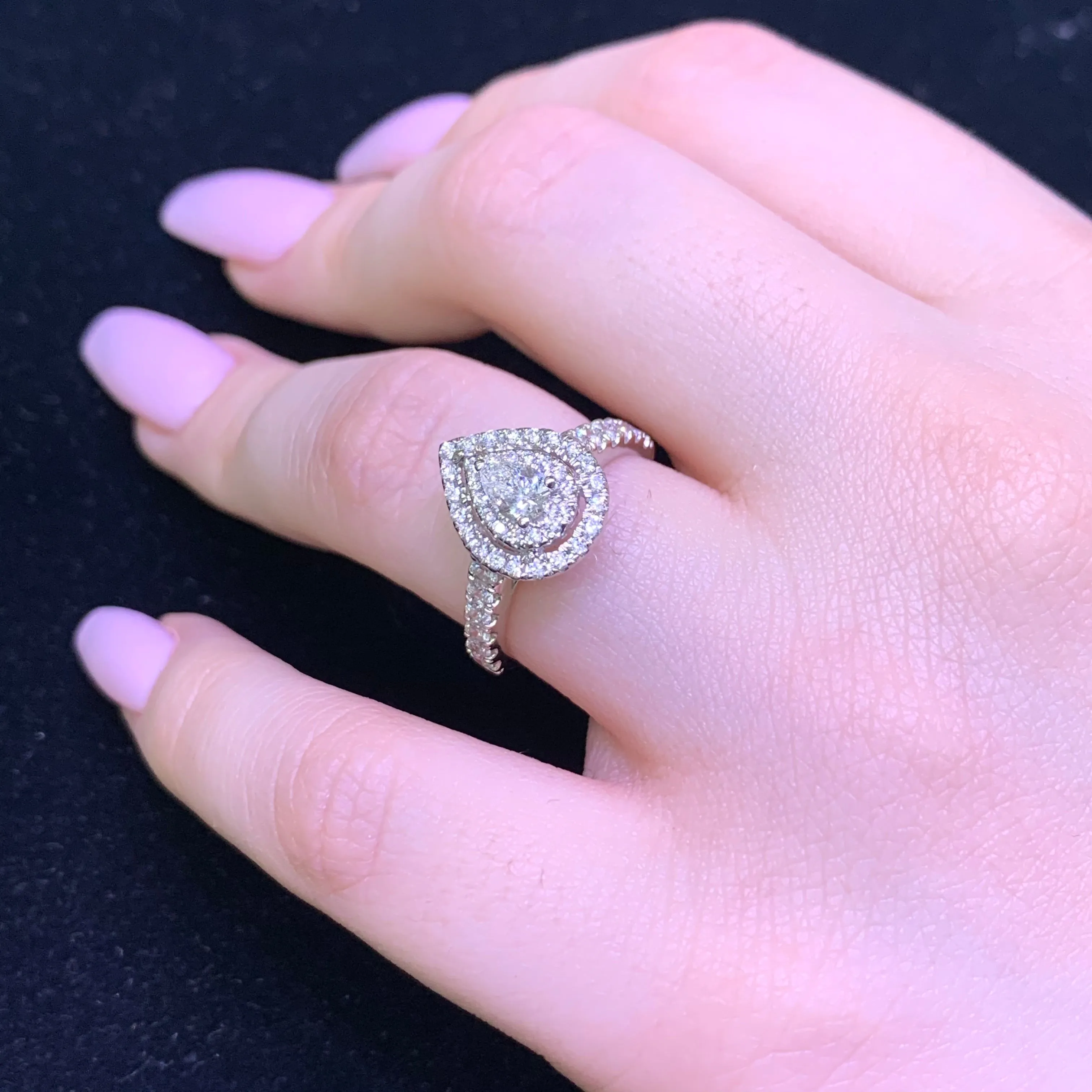 14k Gold Double Halo Pear-Shaped Engagement Diamond Ring (pear-shaped solitaire center)