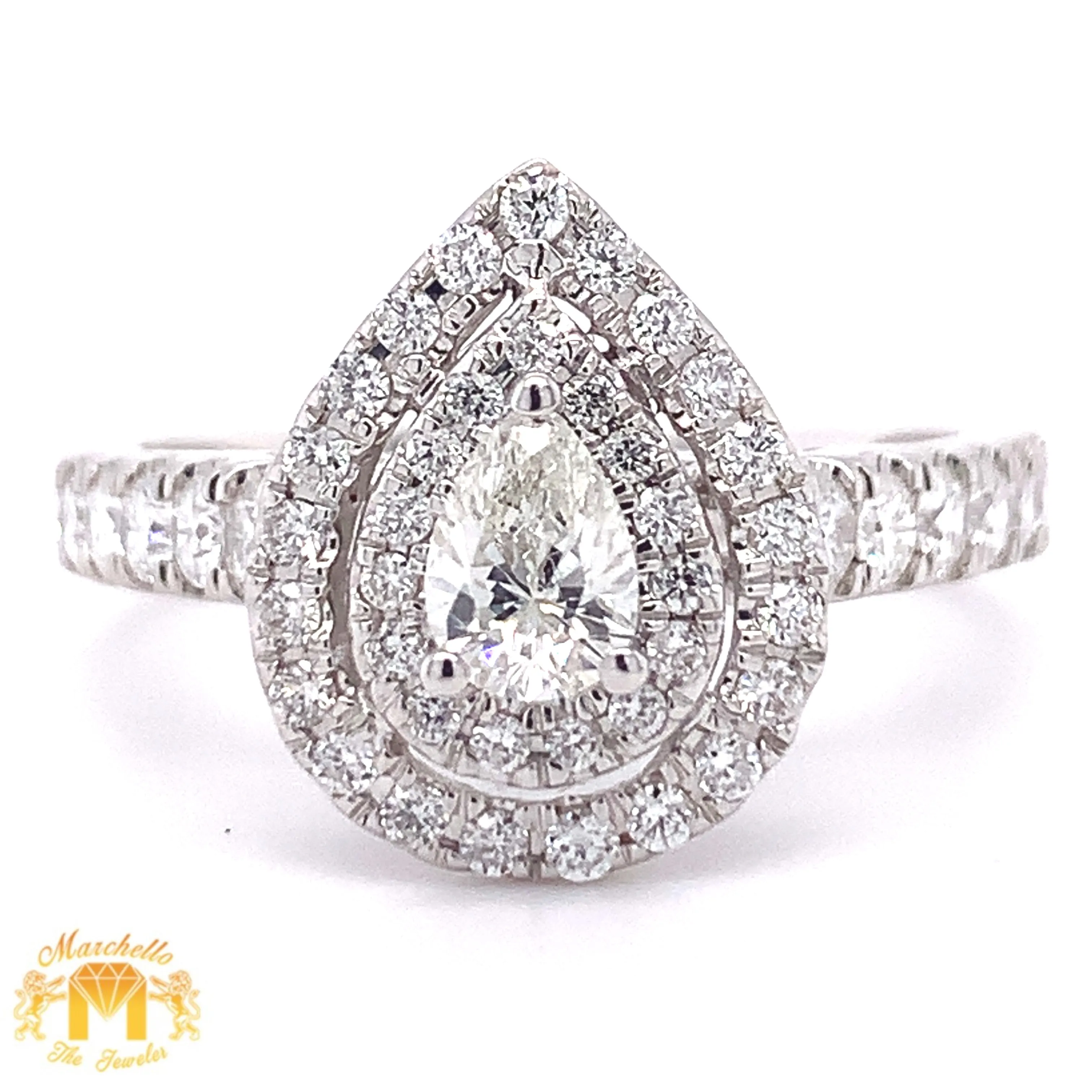 14k Gold Double Halo Pear-Shaped Engagement Diamond Ring (pear-shaped solitaire center)