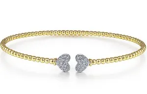 14K White & Yellow Gold Split Cuff Bracelet Pave Diamond Hearts