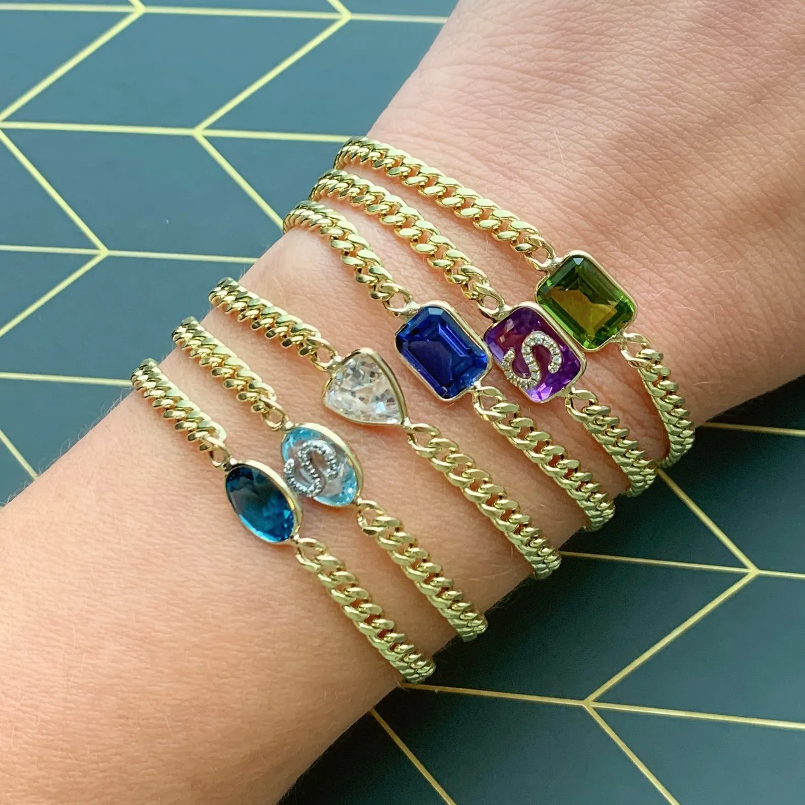 14K Yellow Gold Bezel Oval Cut Blue Topaz Cuban Chain Bracelet