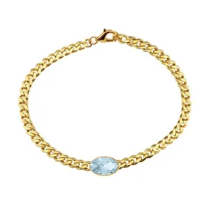 14K Yellow Gold Bezel Oval Cut Blue Topaz Cuban Chain Bracelet