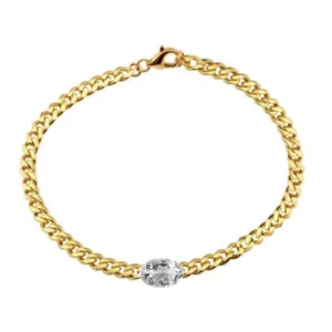14K Yellow Gold Bezel Oval Cut White Topaz Cuban Chain Bracelet
