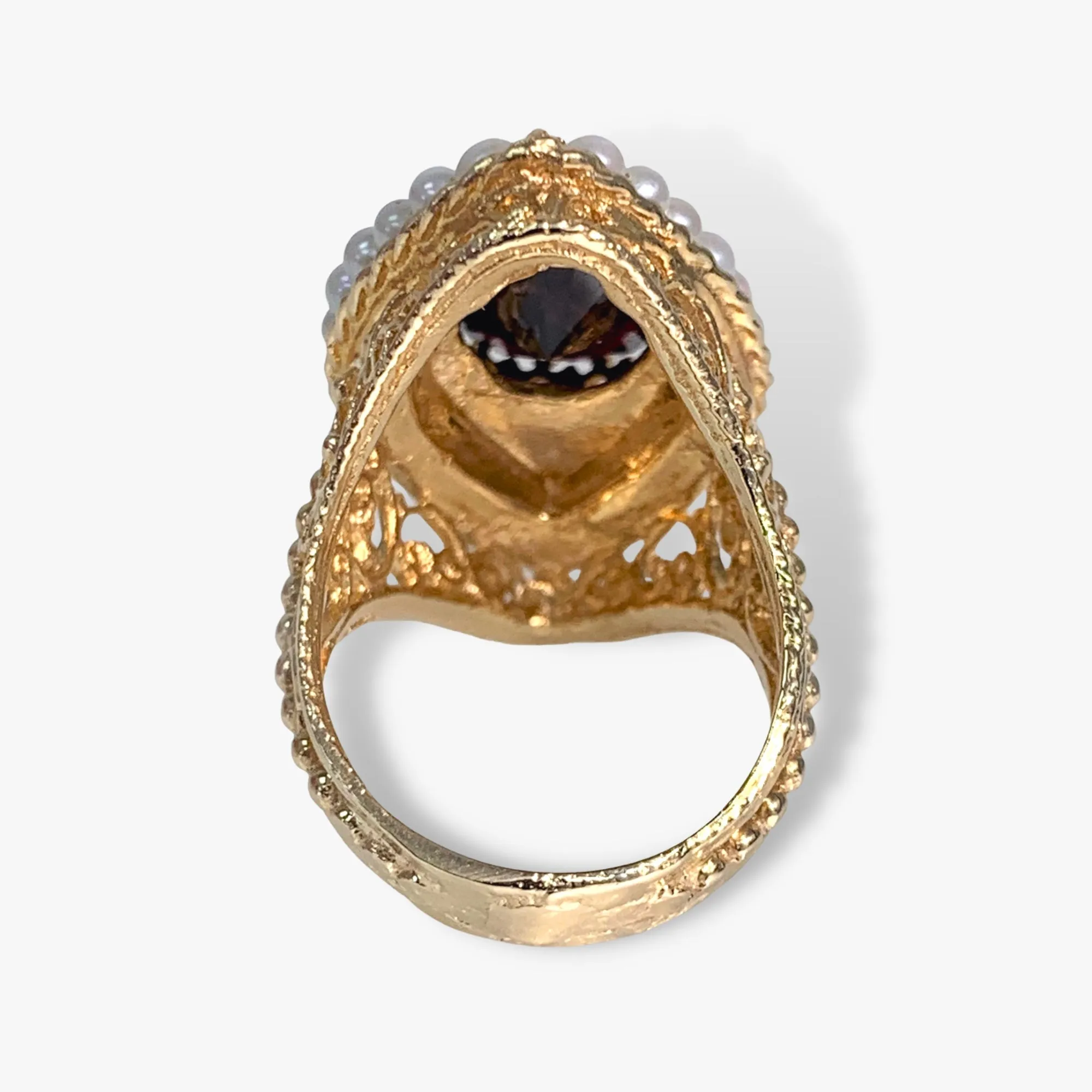 14k Yellow Gold Oval Garnet and Pearl Vintage Cocktail Ring