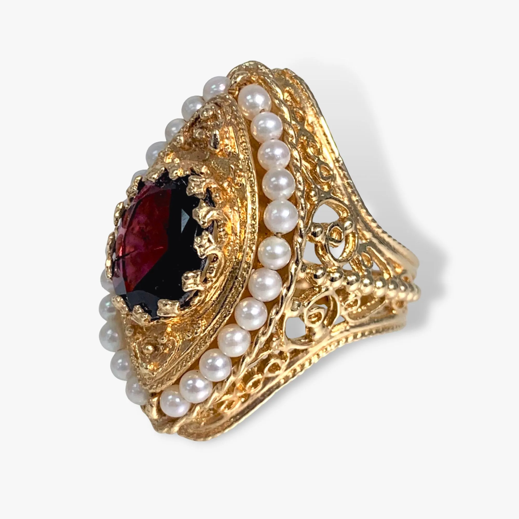14k Yellow Gold Oval Garnet and Pearl Vintage Cocktail Ring