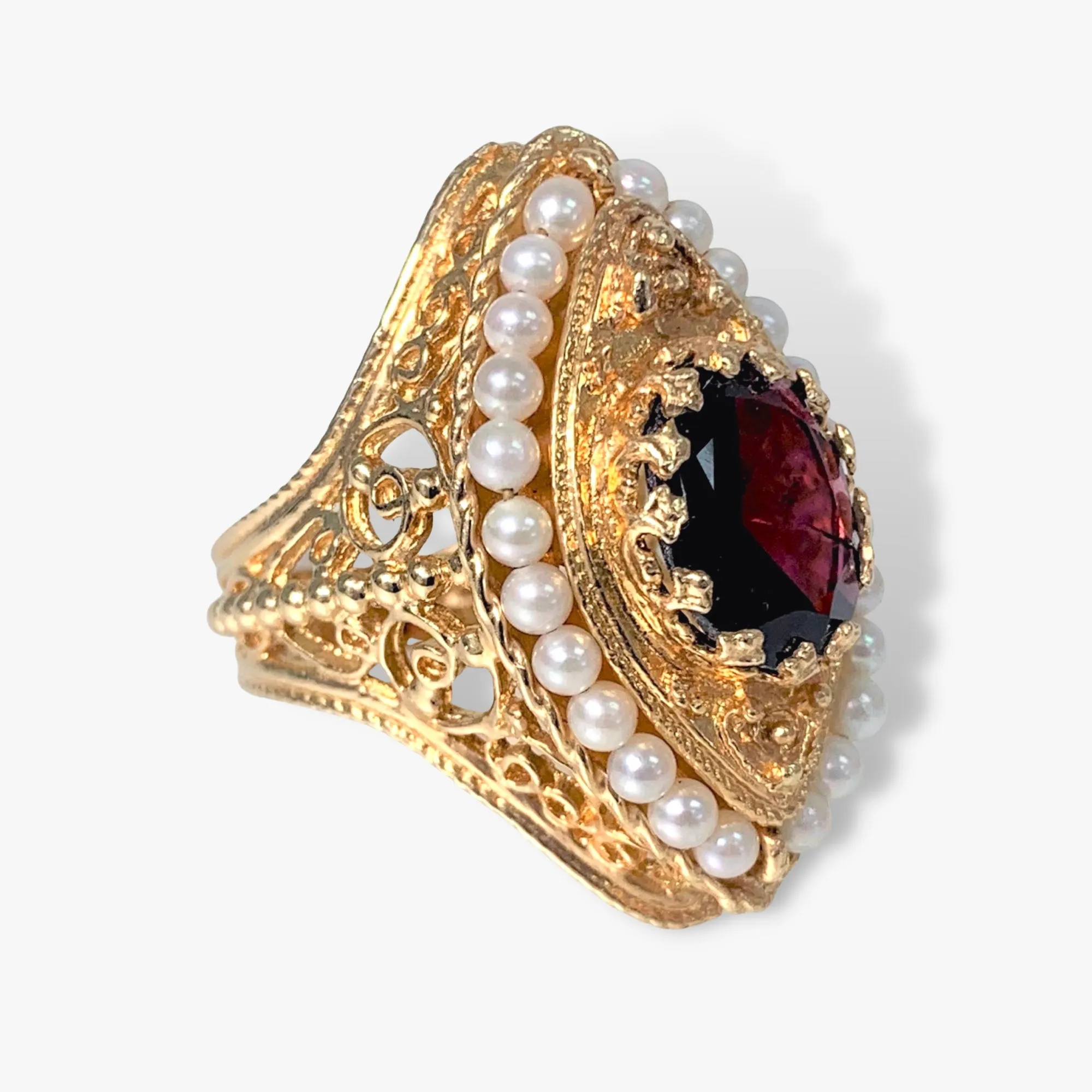14k Yellow Gold Oval Garnet and Pearl Vintage Cocktail Ring
