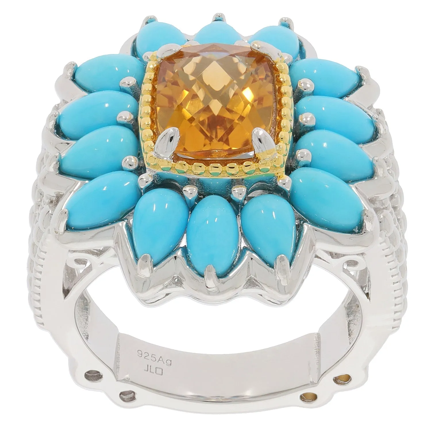 14X10 Yellow Citrine Sterling Silver Ring with Turquoise Accent