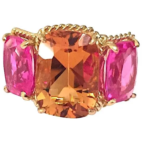 18kt Yellow Gold two tone Pink Topaz Three Stone Ring with Rope Twist Border