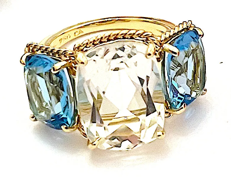 18kt Yellow Gold two tone Pink Topaz Three Stone Ring with Rope Twist Border