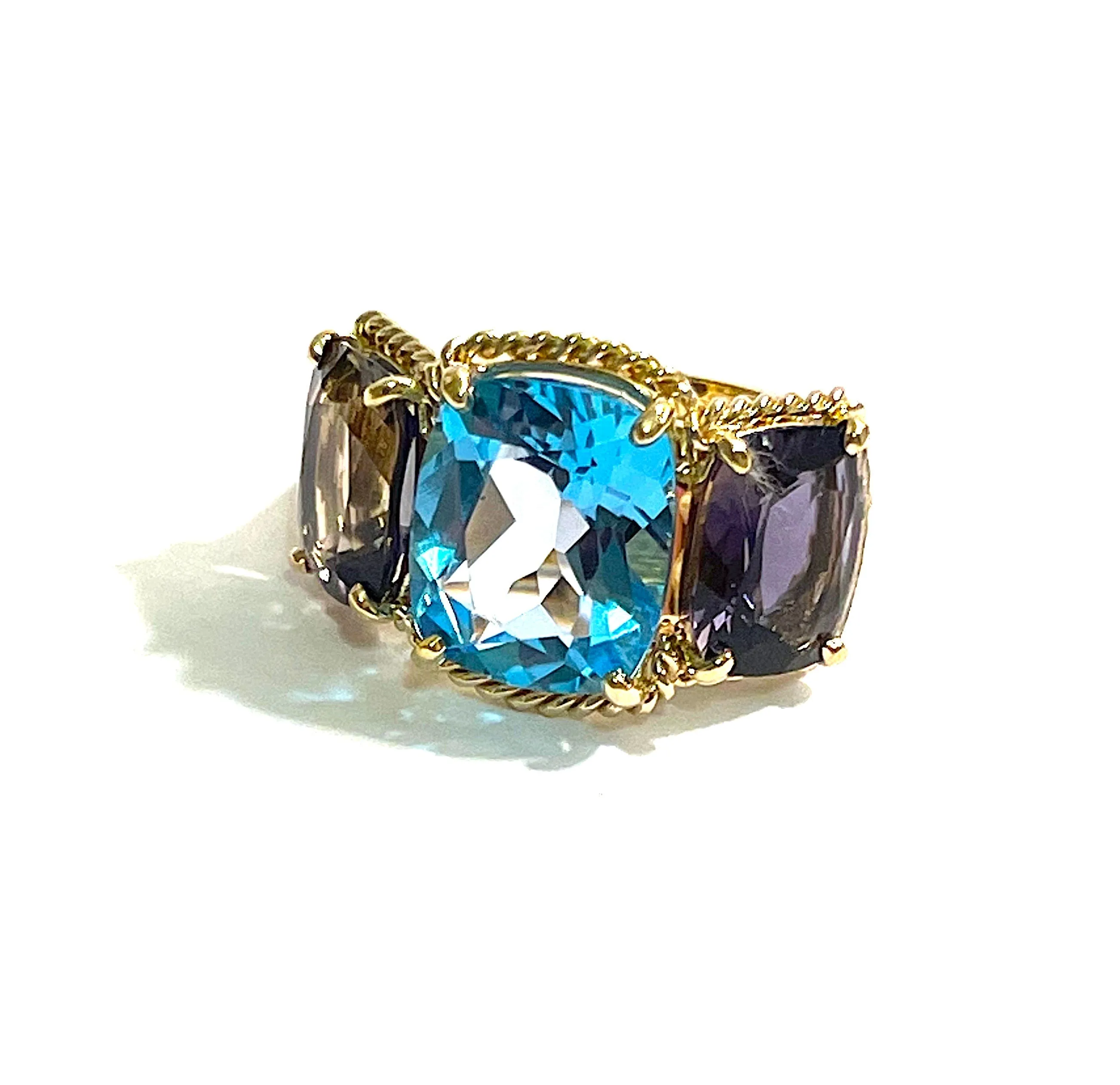 18kt Yellow Gold two tone Pink Topaz Three Stone Ring with Rope Twist Border