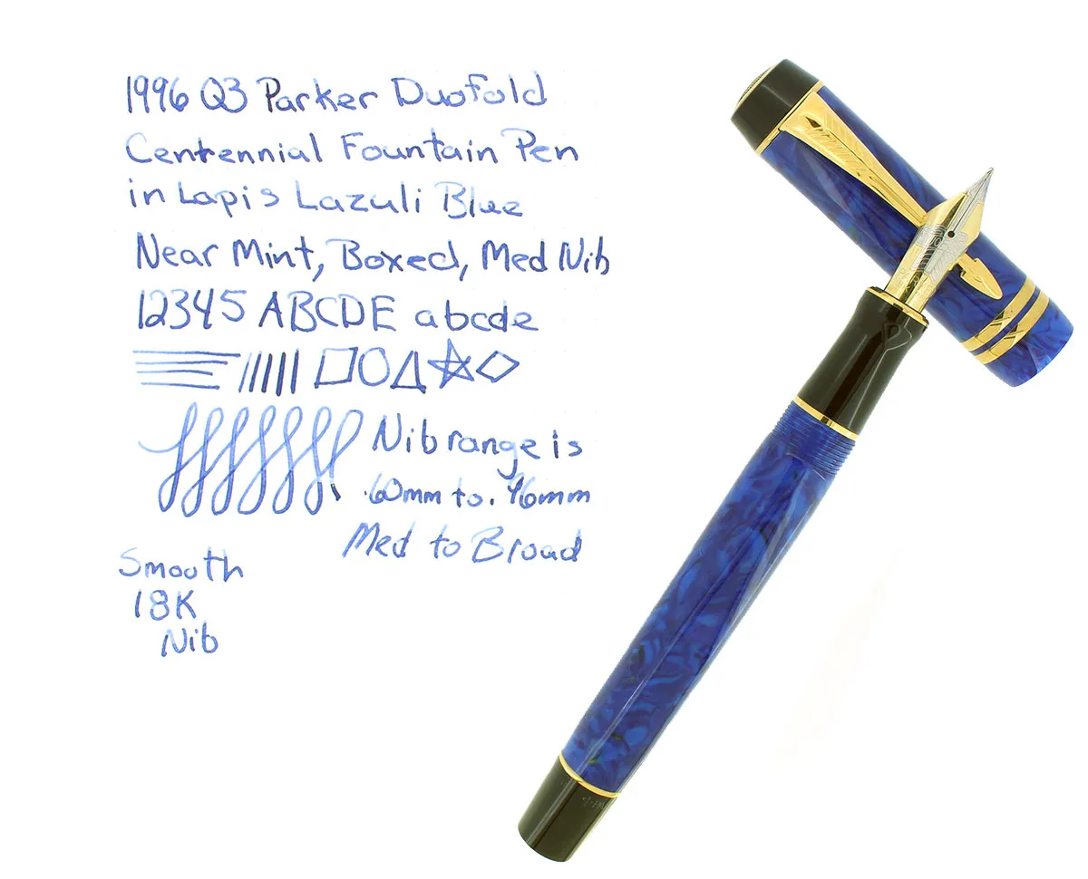 1996 PARKER DUOFOLD CENTENNIAL LAPIS LAZULI BLUE FOUNTAIN PEN 18K MEDIUM NIB MINT IN BOX